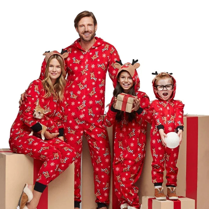 Christmas Family Matching Onesie Elk Print Cute Soft Jumpsuit Mom Dad Kids Clothing Sets Hooded Zipper Overall Xmas Look Pyjamas