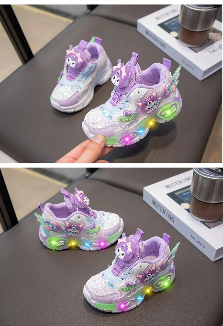 Girls Cartoon Rotating Button Sports Shoes Soft Bottom Kuroko Light up Dad Shoes Breathable Rubber Spring Season Kids Sneakers
