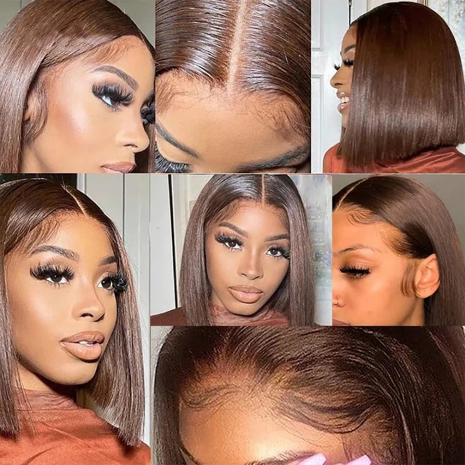Straight Bob Wigs Chocolate Brown Colored 100% Real Human Hair 13x4 Lace Front Wigs Brazilian Remy Hair Pre Plucked Hairline