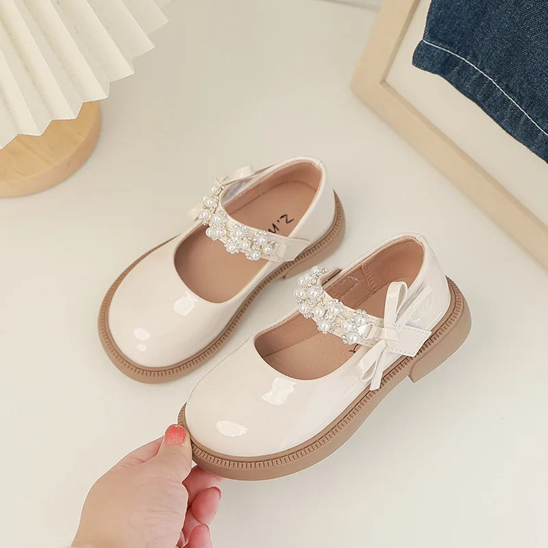 Children's Leather Shoes Glossy PU Black School Girl Shoes Fashion Sweet Kids Princess Soft Bottom Mary Jane Shoes Side Bowknot