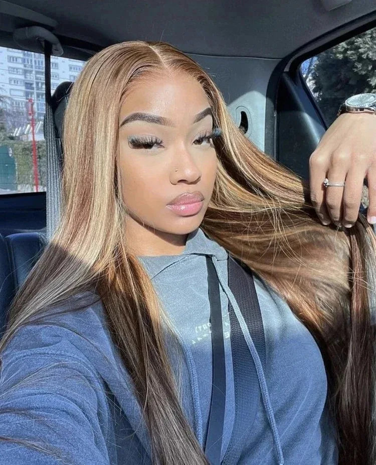 Brown With Gold Gradient Straight Hair Wigs Glueless 5x5 HD Lace Closure Wig Gold Omber Highlight Human Hair Wig Colored Wigs