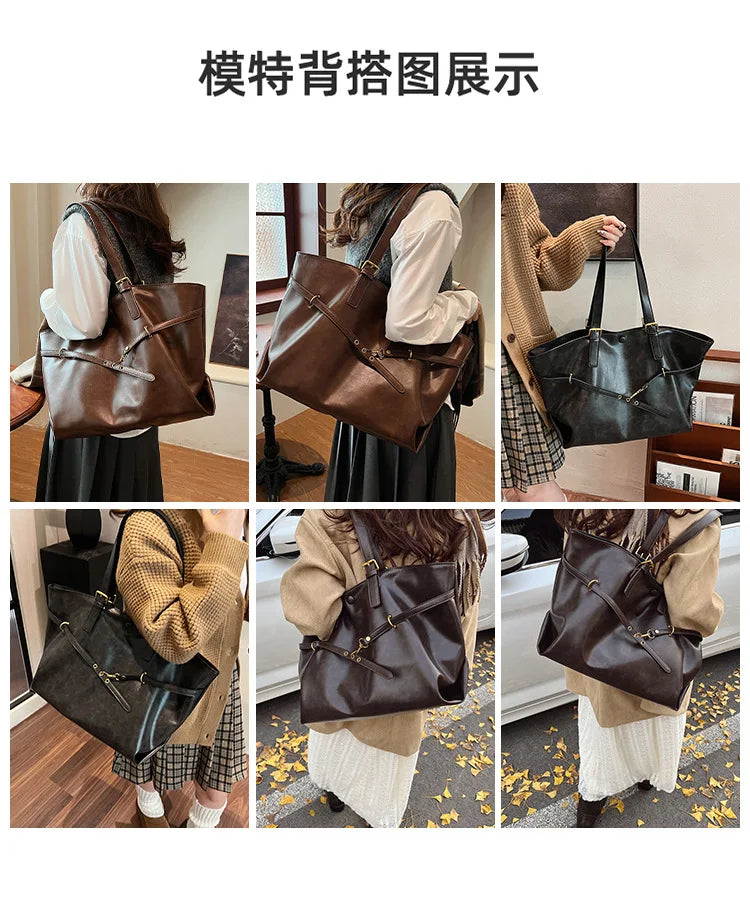 Large Capacity Winter Lady Shoulder Bag Vintage Casual Girl Tote Bags Y2K Pu Leather Female Handbags Women's Commuter Bag Purse