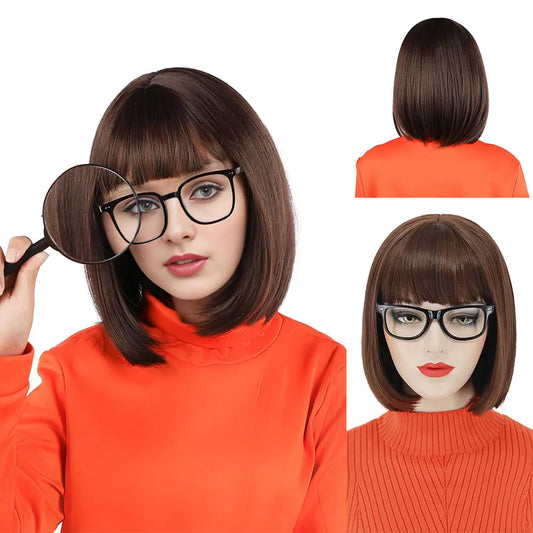 Brown Bob Wig With Bangs Synthetic Short Bob Wigs For Women Straight Bob Bangs Wig Heat Resistant Hair For Cosplay Daily Party