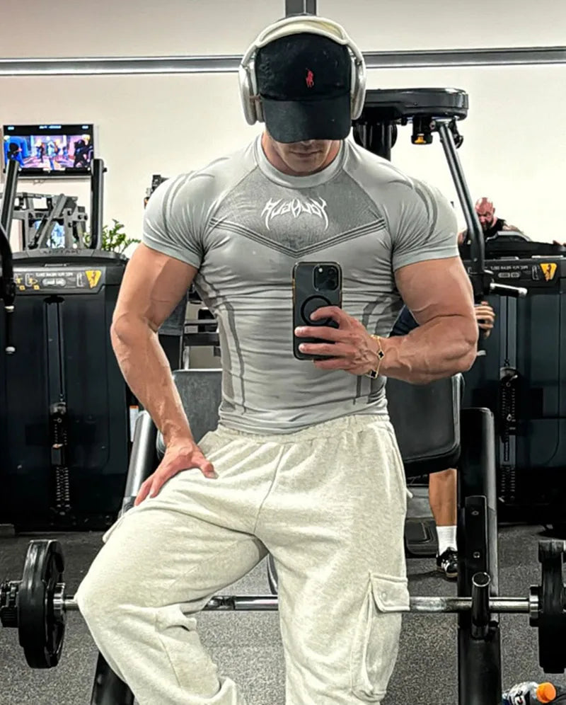 Men Short Sleeve 2025 Spring Autumn New StyleFitness Clothes Quick Drying Breathable Stretch Tight Fitting Clothing T-Shirt