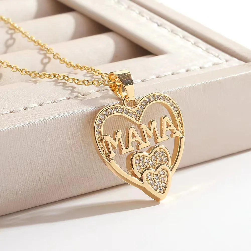 WLP 2025 Elegant Mother's Day Gift Heart Pendant MAMA Necklace for Women MOM Luxury Rhinestone Aesthetic Neck Necklace Jewelry