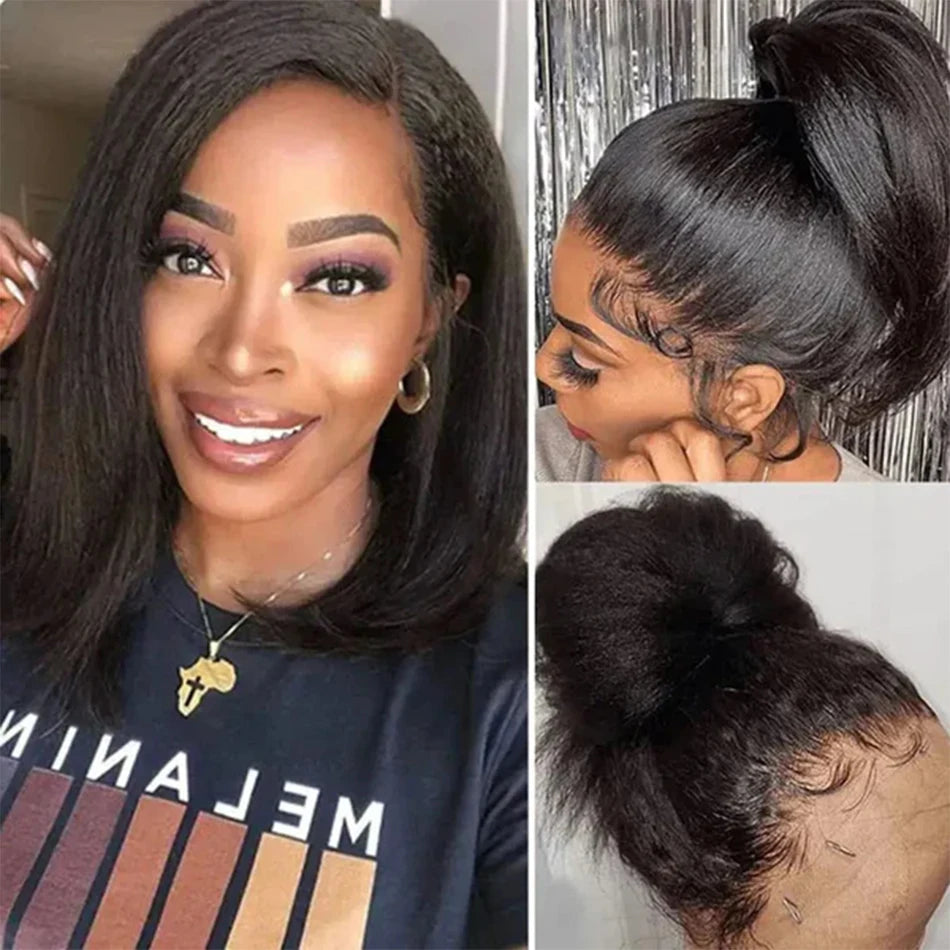 Ready To Wear Glueless Wigs Kinky Straight 13x4 Lace Front Human Hair Wig Short Bob Wigs HD Transparent Yaki Straight Wig 180%