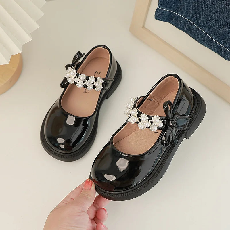 Children's Leather Shoes Glossy PU Black School Girl Shoes Fashion Sweet Kids Princess Soft Bottom Mary Jane Shoes Side Bowknot