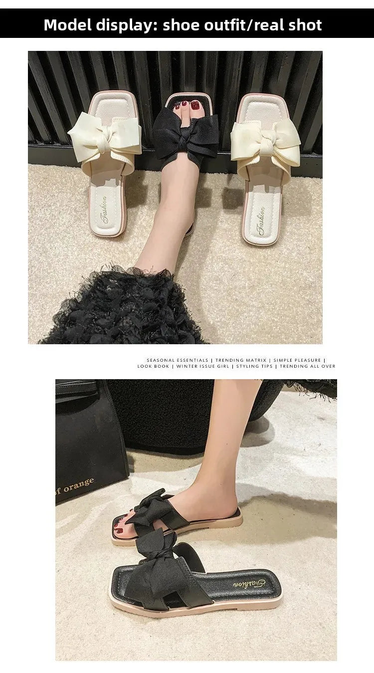 Fashionable Butterfly Knot Flat Bottom Slippers Women's Summer Outdoor Wear Soft Bottom Home Slippers Versatile Fairy Wind Cool