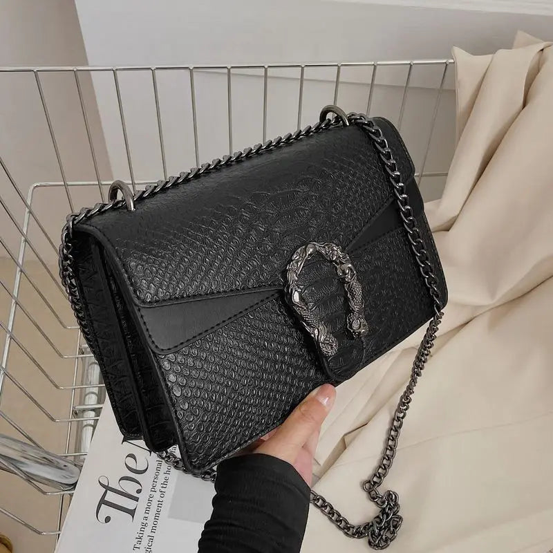 Retro Style Fashion Chain Shoulder Bag for Women Snake Pattern Crossbody Small Square Bag Trendy Accessory