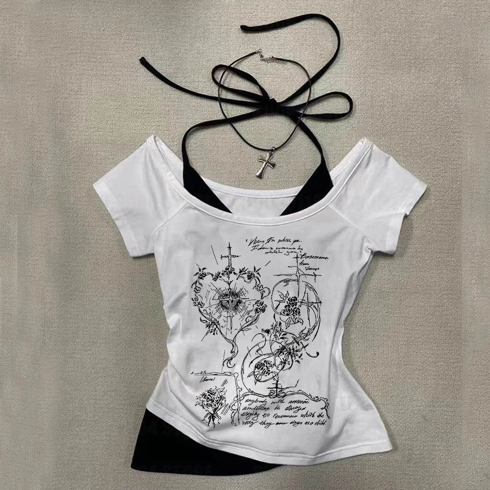 2k Fairy Grunge Graphic T-Shirts for Women E-Girls Goth Rib Long Sleeve Tee Tops Vintage Emo Clothes 2000s Retro Streetwear