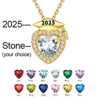 U7 2025 Graduation Necklaces for Women Bachelor Cap Clear White A+++ CZ Heart Birthstones Jewelry Gift for Daughter Girlfriend