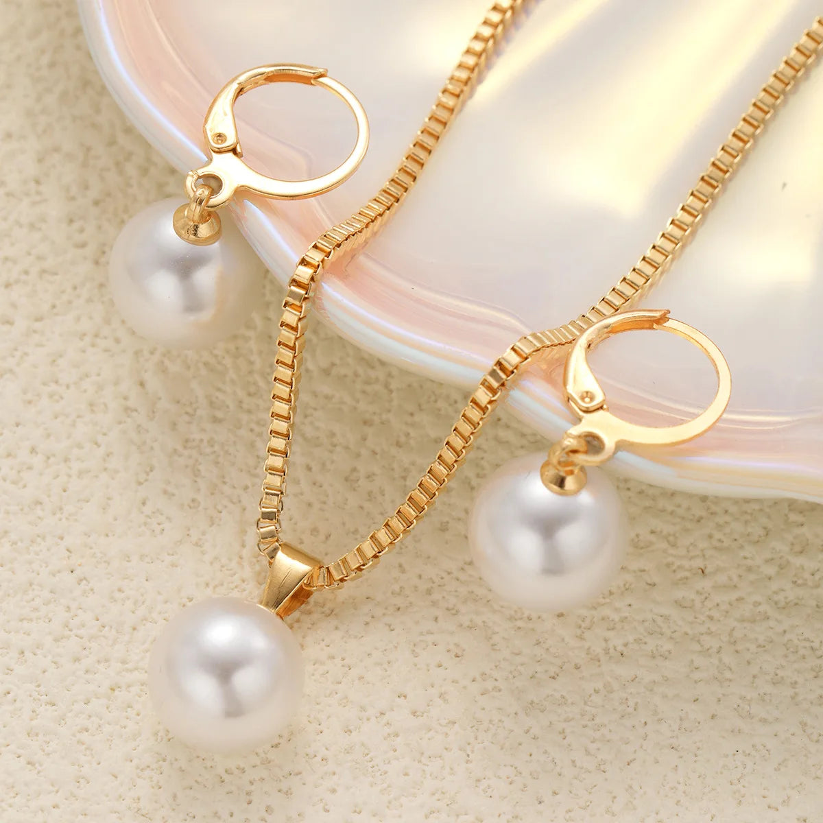LATS 3 Pcs/Set Round Pearl Pendant Necklace For Women Exquisite Fashion Rhinestone Double  Earring Wedding Jewelry Set Gift