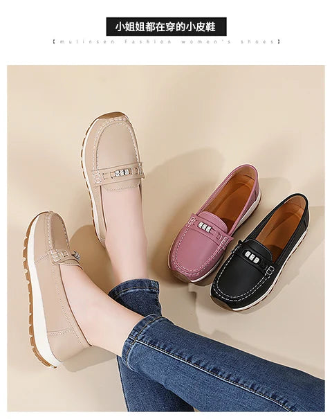 Women's casual flat shoes, 100 genuine leather shoes, lightweight spring and summer loafers, walking mom shoes
