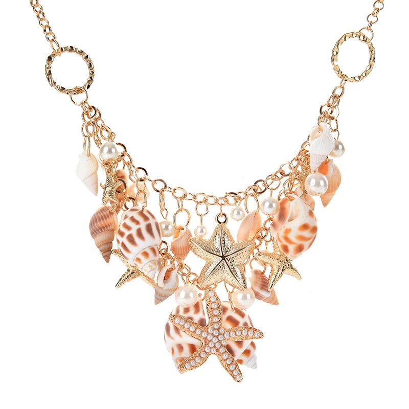 Aihua Bohemia Gold Color Imitation Pearl Conch Shell Starfish Necklace for Women Choker Necklace Collars Summer Beach Jewelry