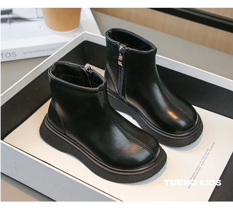 Children Fashion Boots Simple Girls Ankle Boot Black Kids Short Leather Boots Side Zipper Thick Bottom Autumn Winter 2024 New
