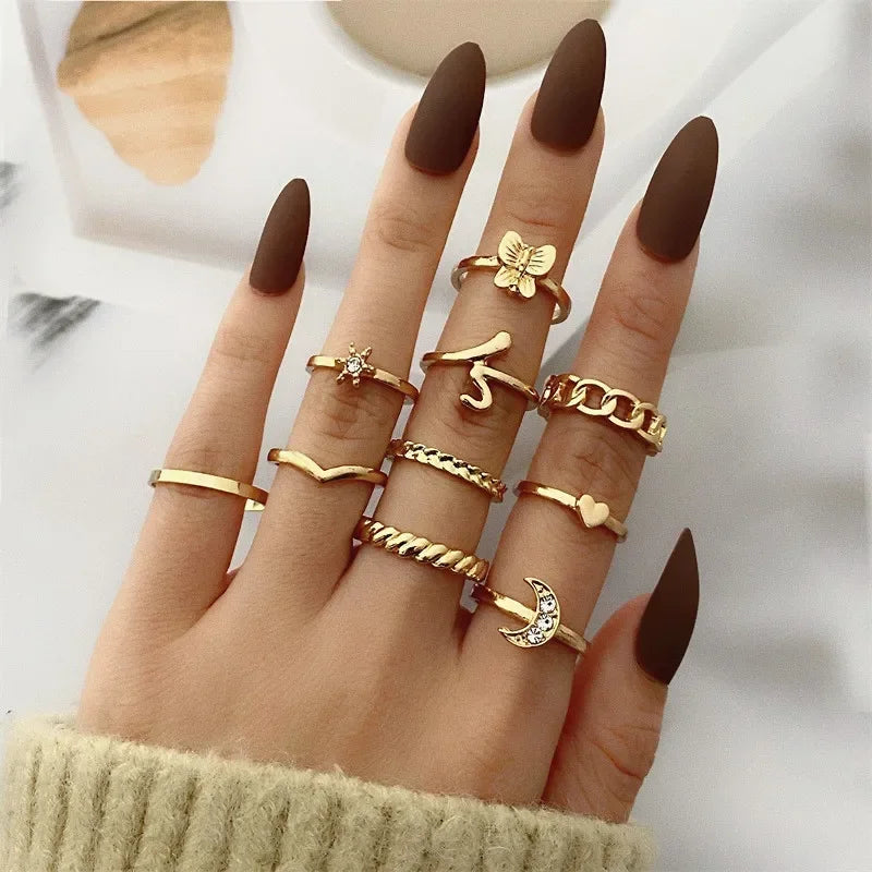 New Fashion Creative Geometric Leaf Wave Hollow Ring Set 11 Pcs for Women Men Simple Knuckle Ring Charm Wedding Party Jewelry