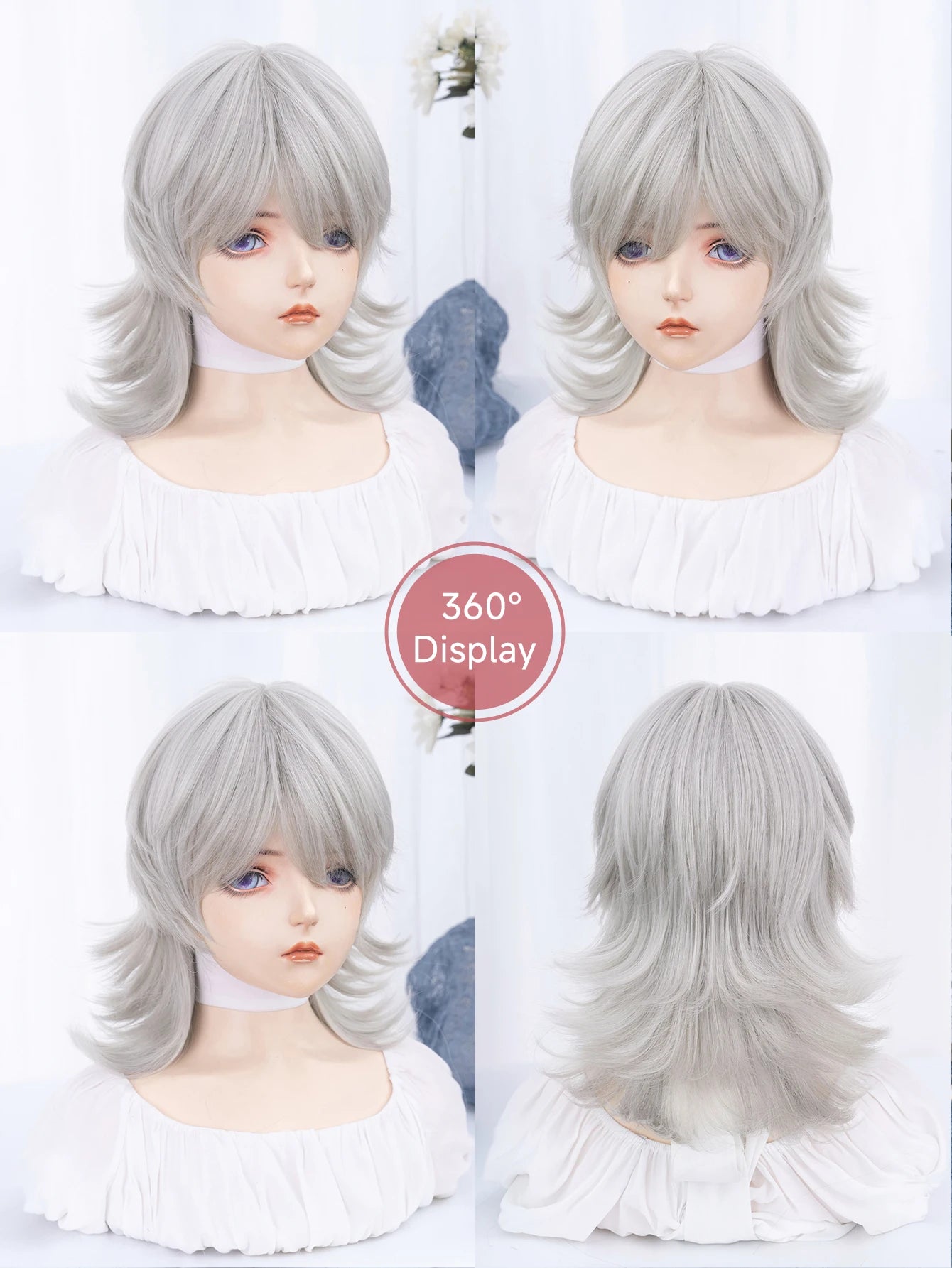 16Inch Silver White Color Handsome Synthetic Wig With Bang Medium Natural Wavy Hair Wig for Man or Women Cosplay Heat Resistant