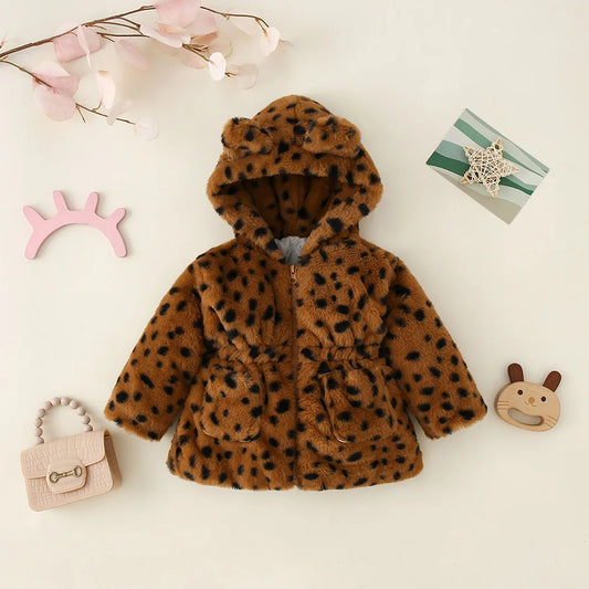 Winter Girls Leopard Pattern Sweater New Cotton Clothes Rabbit Ear Hooded Zipper Waistband Children's Clothing