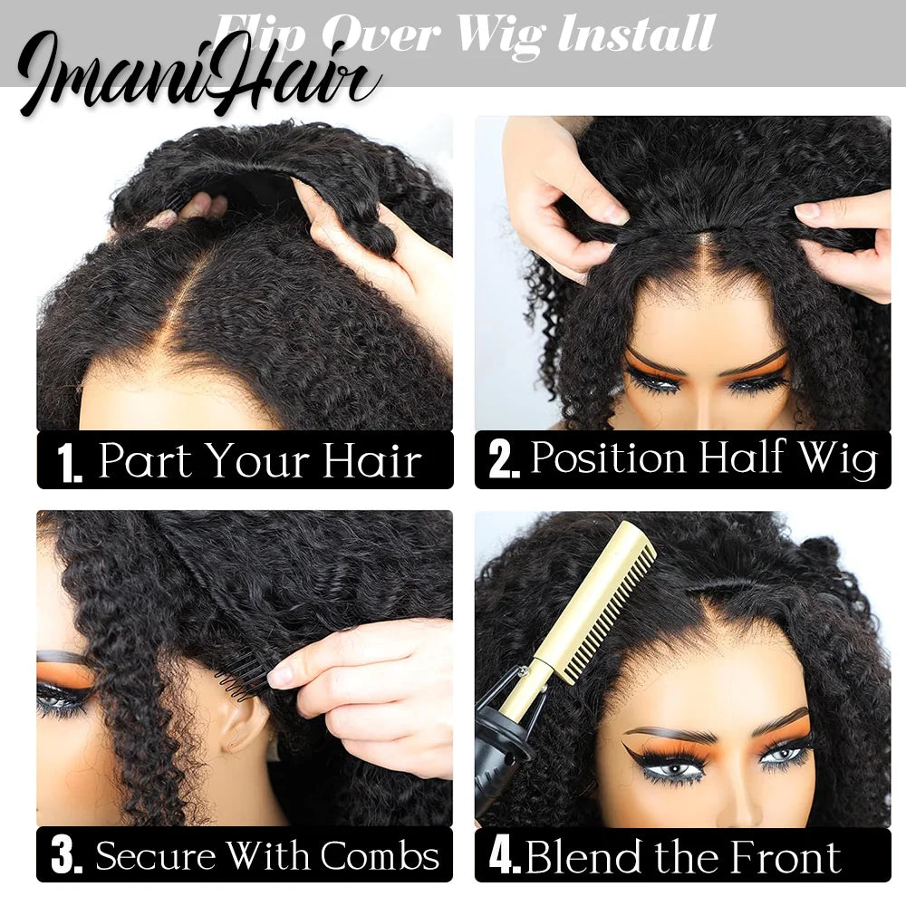 210% Half Wigs Human Hair Kinky Curly Headband Wig Upgrade 3 IN 1 Half Wig With Drawstring Seamless Clip Ins Flip Over Wig