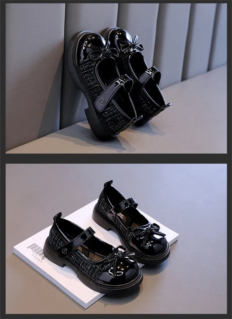 Spring Autumn Children's Leather Shoes with Bowknot Versatile Girls Fashion Mary Jane Shoes Causal Patchwork Kids Princess Shoes