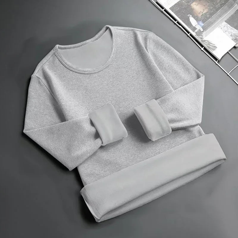 Men's Fleece Lined Thickened Long Sleeve T-Shirt round Neck Base Shirt Autumn Clothes Winter Long Sleeve Warm Underwear