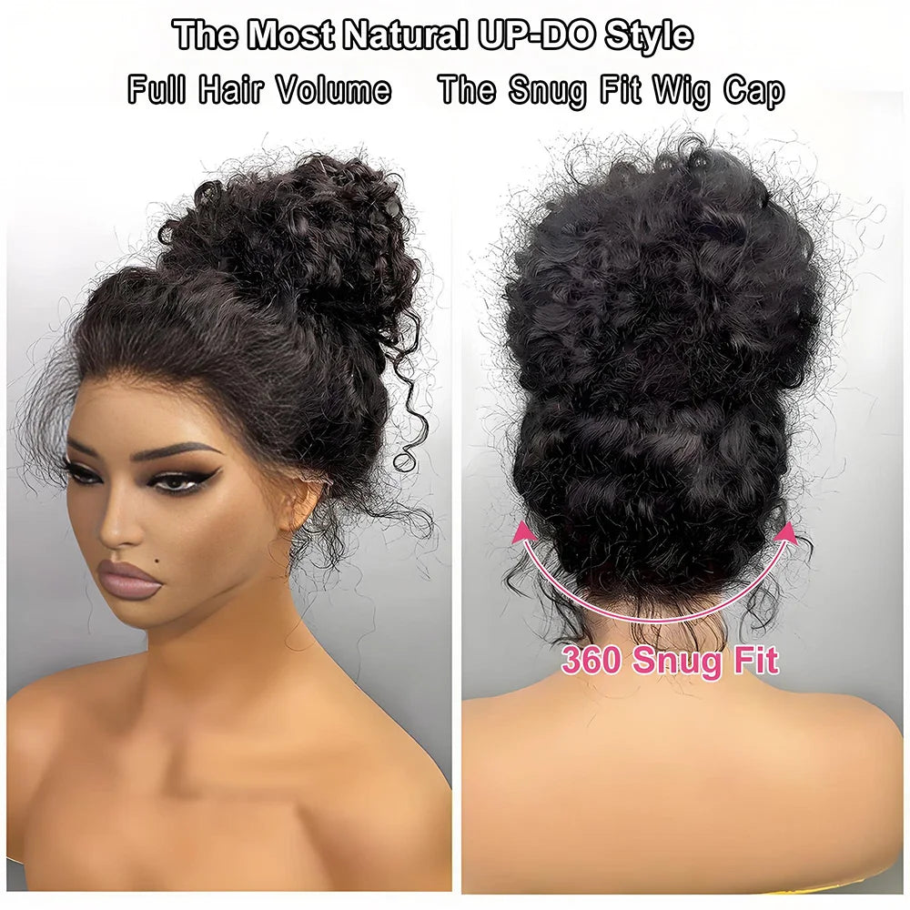 250% 30-36 inch HD Invisi Strap 360 Full Lace Frontal Kinky Curly Wig Black 100% Human Hair Drawstring Snug Water Wig Glueless