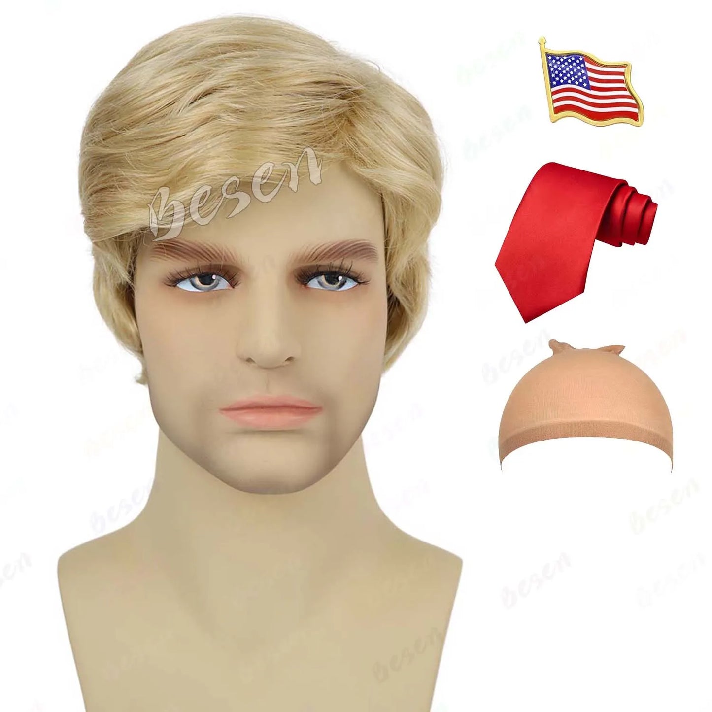 Synthetic Blonde Costume Wig for Adults With Funny Stickers Mens Layered Heat Resistant Wigs Famous People Cosplay Wigs
