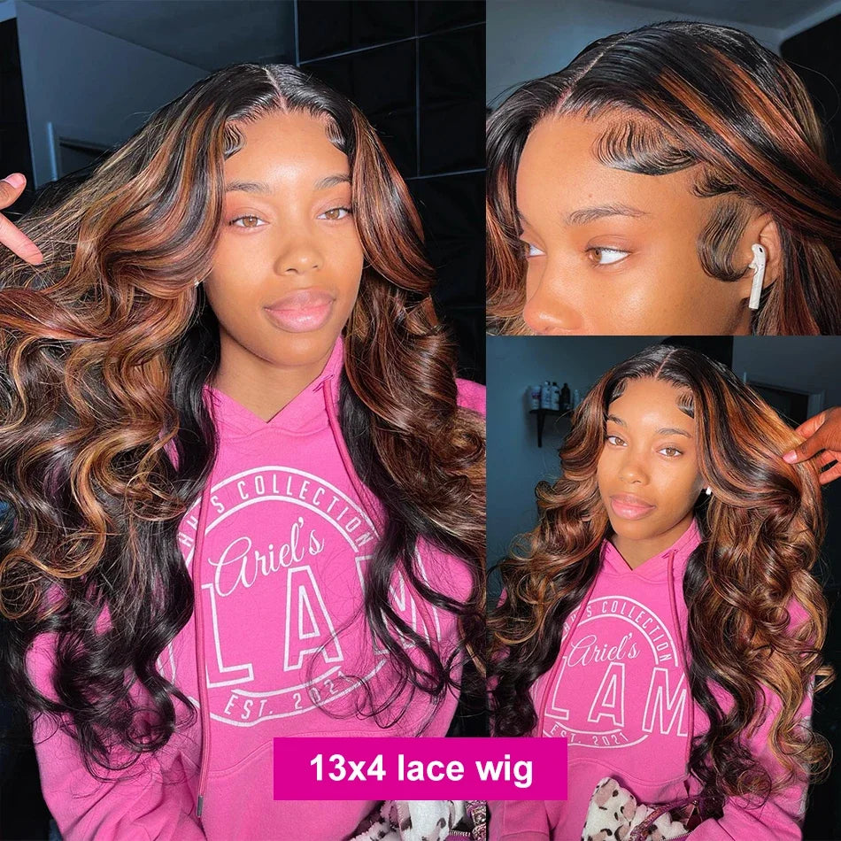 220 Density 30 Inch 1B/30 Black Brown Body Wave Lace Front Human Hair Wigs Colored Highlight 13x6 HD Lace Frontal Wig Human Hair