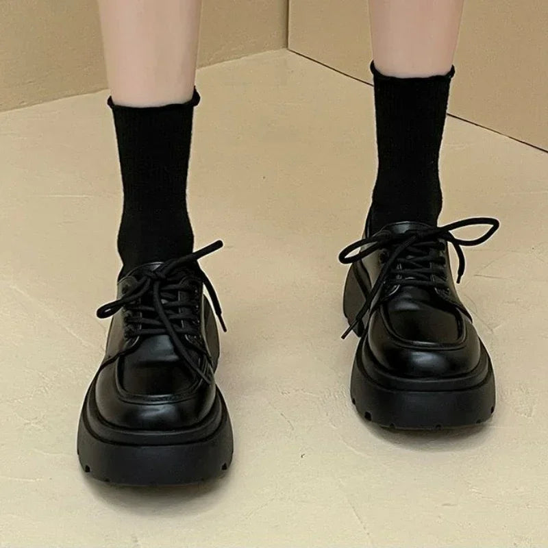 Women's Shoes Platform Flats Autumn Black Loafers Fashion Comfortable Leather Shoes Lace-up Outdoor Casual Oxfords Zapatos Mujer