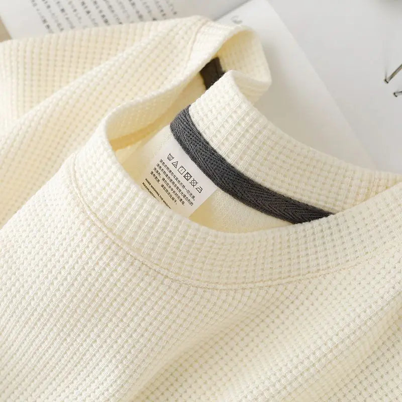 Waffle Short Sleeved T-shirt for Men and Women Summer Japanese Round Neck Half Sleeved Top Loose Casual Solid Color T-shirt