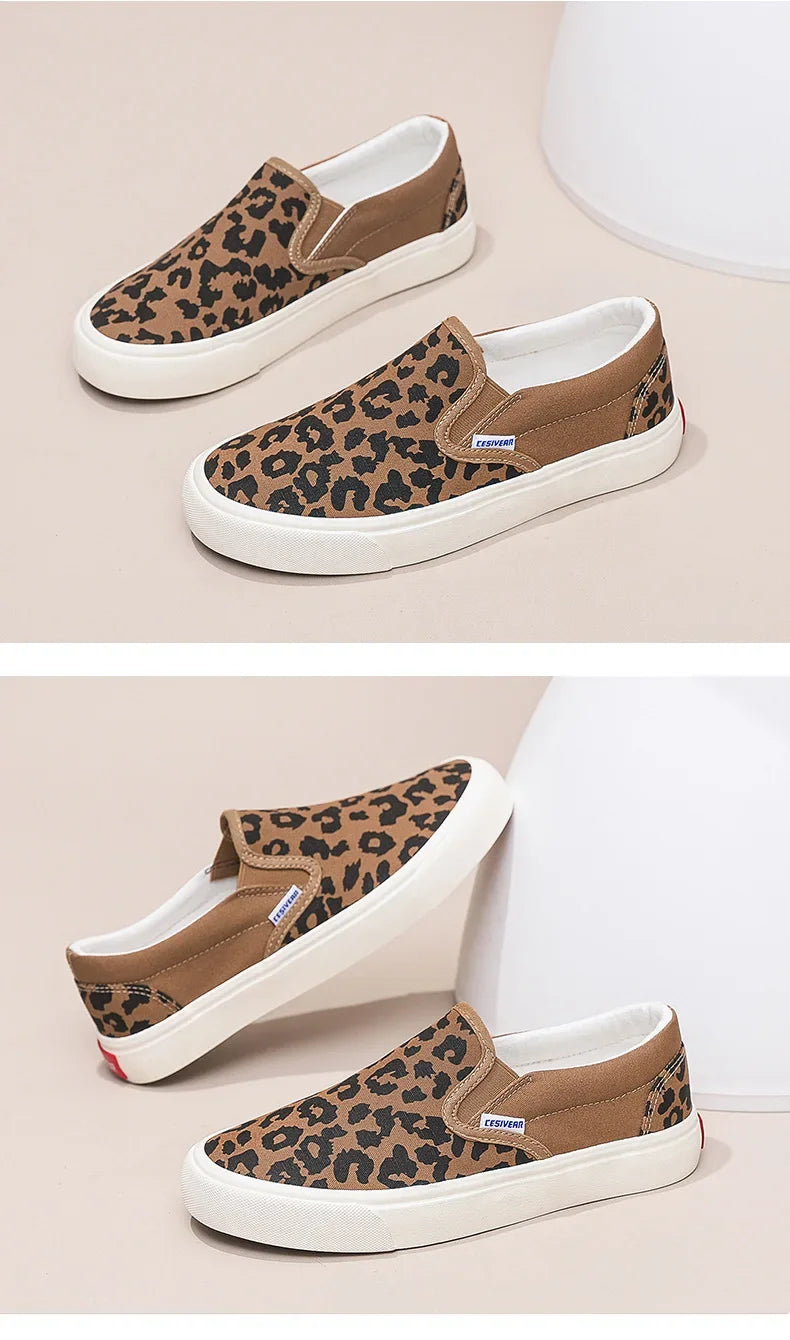 Retro Fashionable Canvas Shoes for Women Student Sports Casual Leopard Print Slip-On Sneakers Comfortable Cotton Lined Shoes