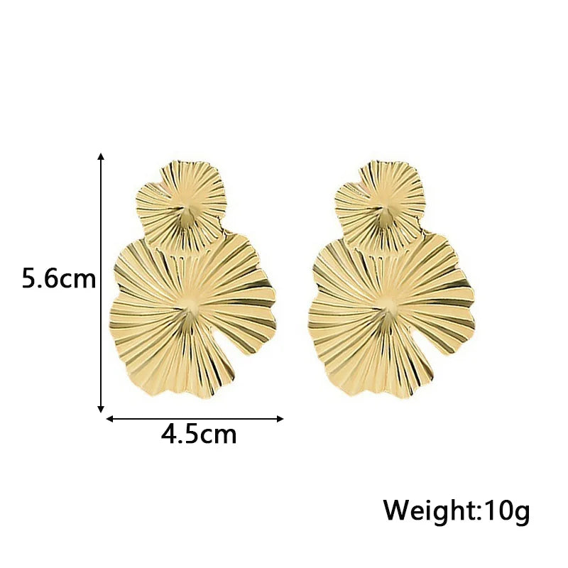 Big Exaggerated Flower Dangle Earrings for Women Gold Color Metal Double-layers Leaf Pendants Impressive European Ear Jewelry