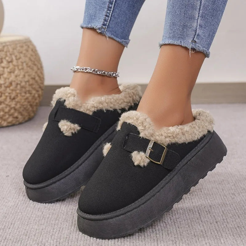 2025 New Plush Buckle Warm Cotton Slippers Winter Thick Sole Thick Snow Boot High Quality Plush Cotton Slippers Zapatos De Mujer