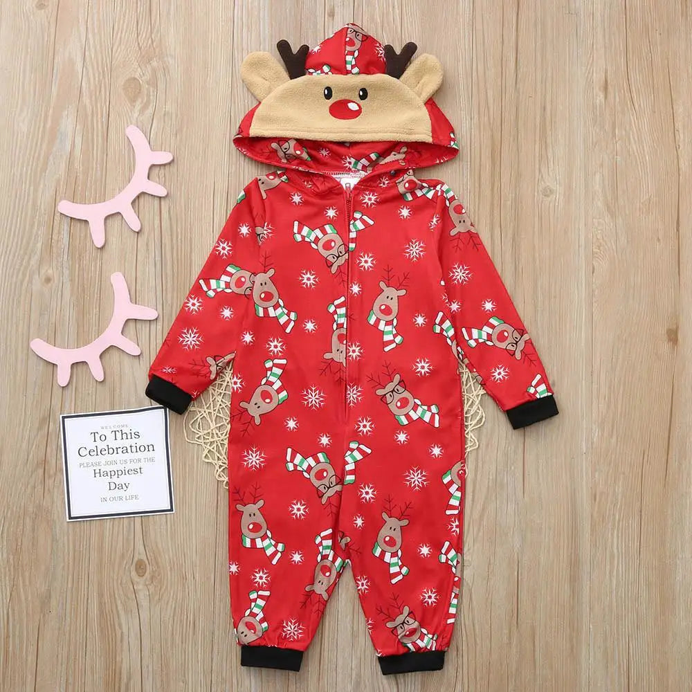 Christmas Family Matching Onesie Elk Print Cute Soft Jumpsuit Mom Dad Kids Clothing Sets Hooded Zipper Overall Xmas Look Pyjamas