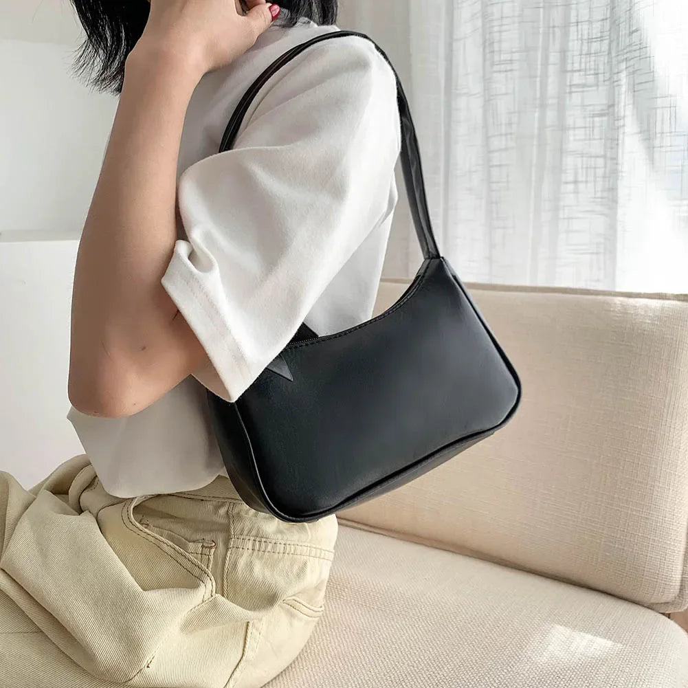 New Retro Soft PU Leather Women Shoulder Underarm Bags Casual Solid Color Small Top-Handle Handbags Ladies Fashion Shoulder Bags