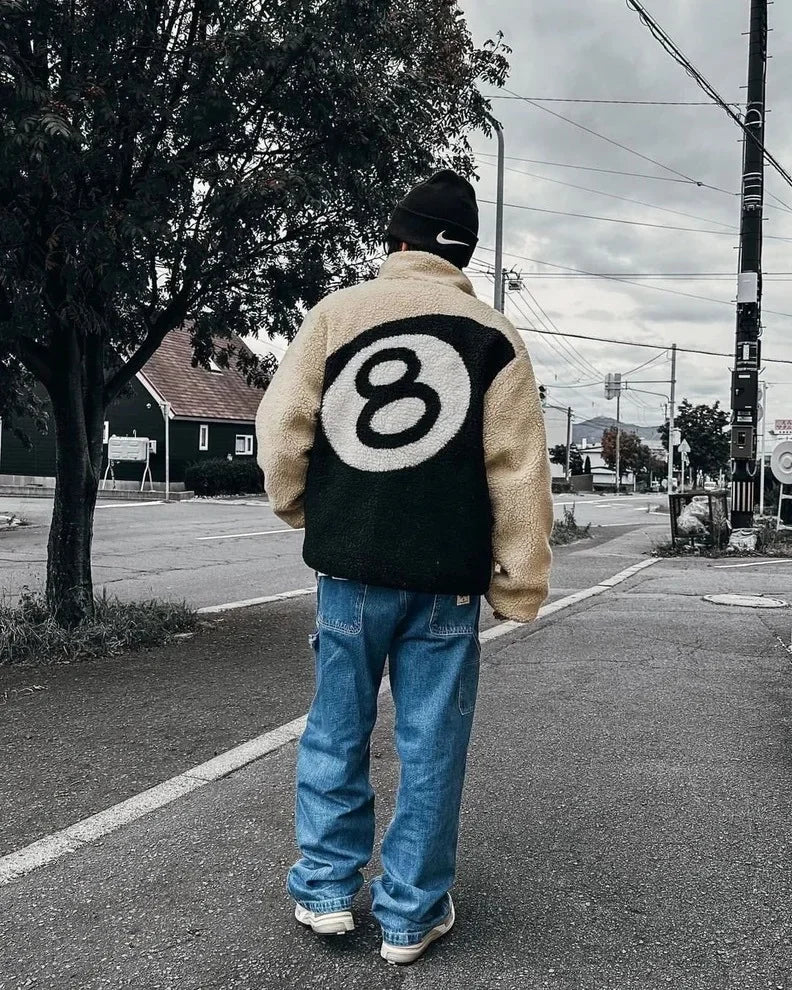 Vintage American Style Double-Sided Wearable Black Eight Ball Flocking Woolen Jacket Zipper For Men And Women Casual Use