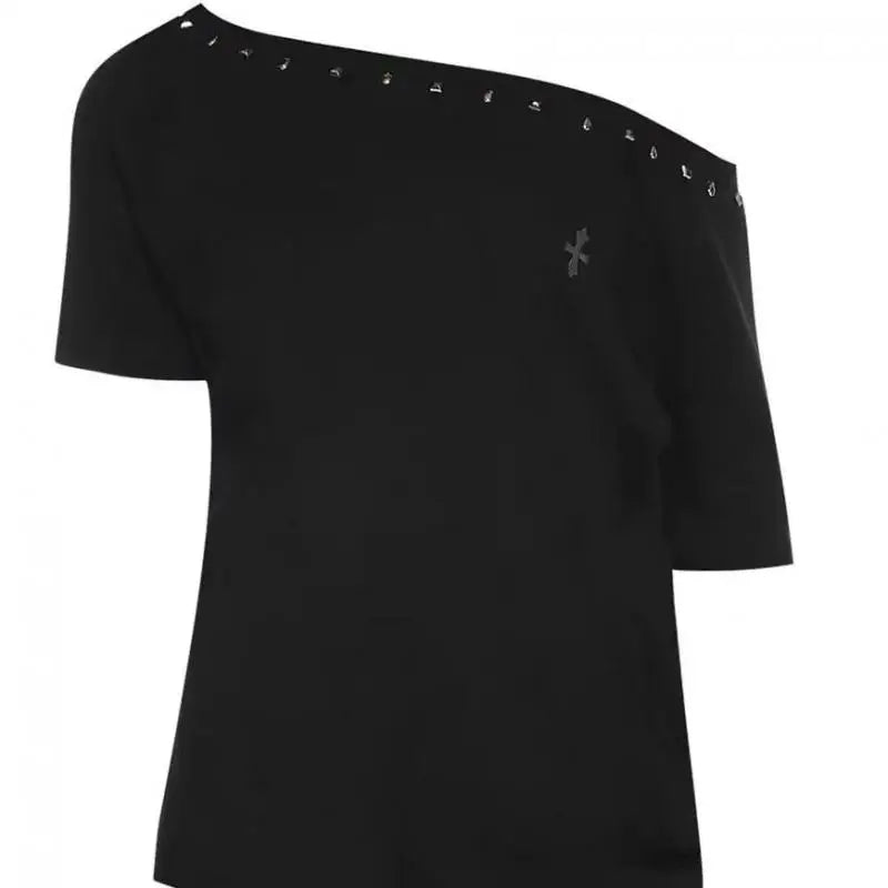 Seeslim Black Off Shoulder Cross Women's T-shirt Short Sleeve 2000s Clothes Y2k Summer Tops Tees Female Clothing Chic Vintage