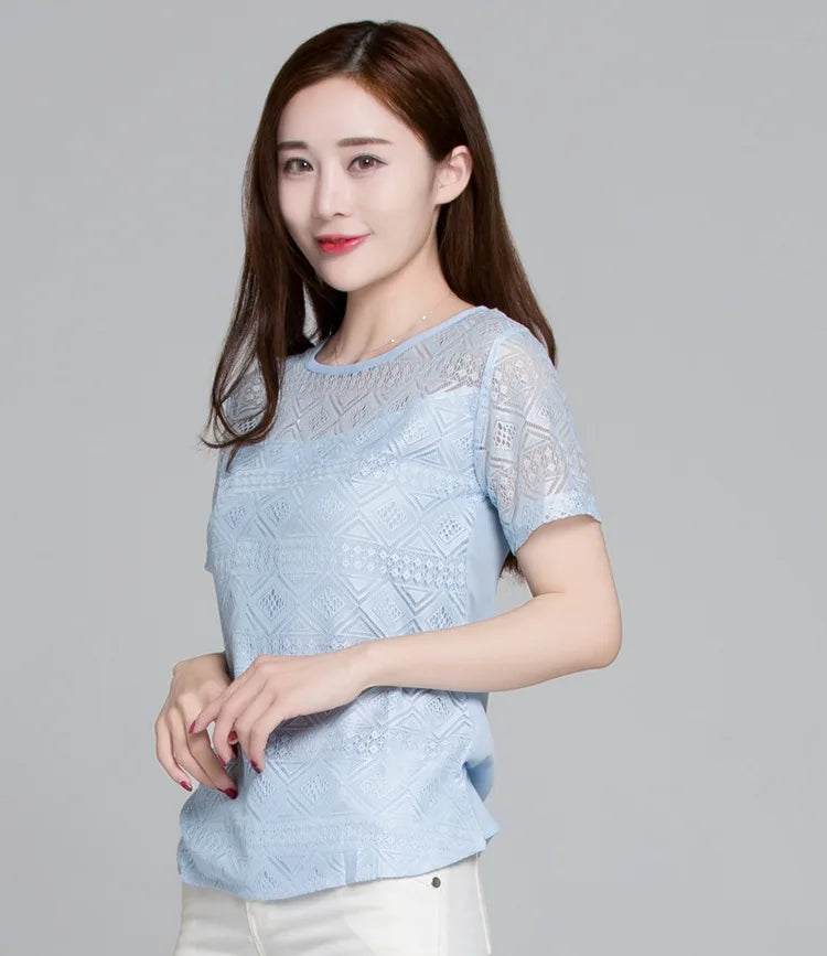 1pcs Summer Women Lace T-Shirt Lady Short-Sleeve Round-Neck tShirt Female Sexy Slim Fit  Tee Girl Chiffon Shirt Fashion Pullover
