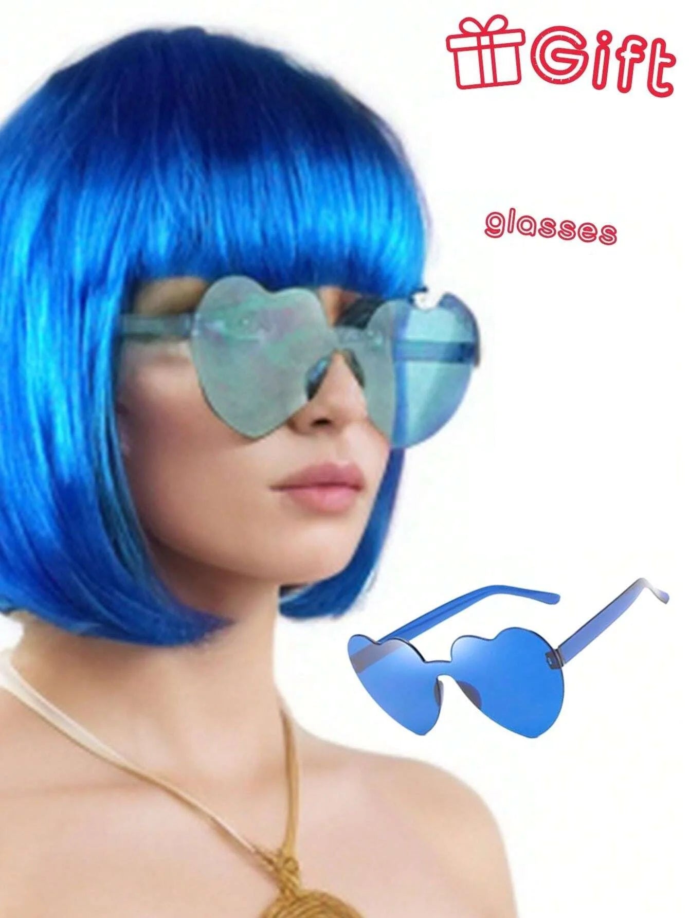 Halloween Party Prop Colorful Short Straight Bobo Wig, Funny & Novelty, With Free Frameless Heart-Shaped Sunglasses