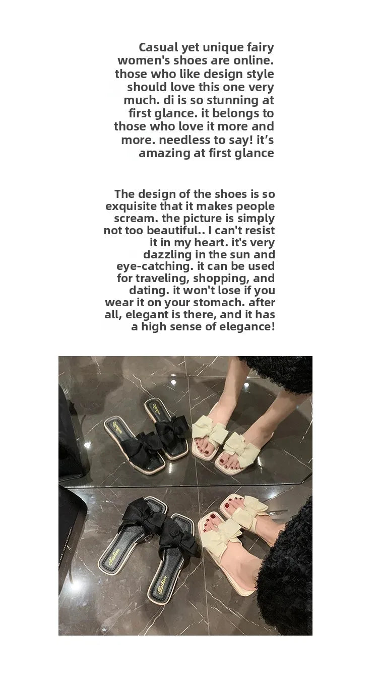 Fashionable Butterfly Knot Flat Bottom Slippers Women's Summer Outdoor Wear Soft Bottom Home Slippers Versatile Fairy Wind Cool