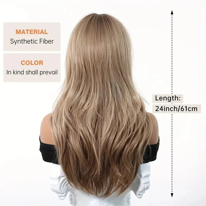 Elegant Curly Wave Ash Blonde Wig Synthetic Hair with Bangs Long Women Party Cospaly Wig 100% Tang Long  Heat Resistant Fiber