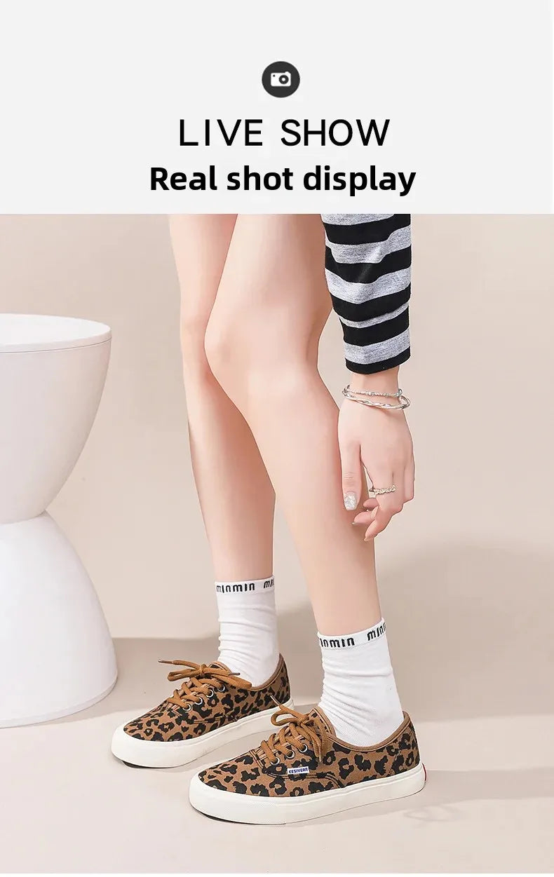 Retro Fashionable Canvas Shoes for Women Student Sports Casual Leopard Print Slip-On Sneakers Comfortable Cotton Lined Shoes