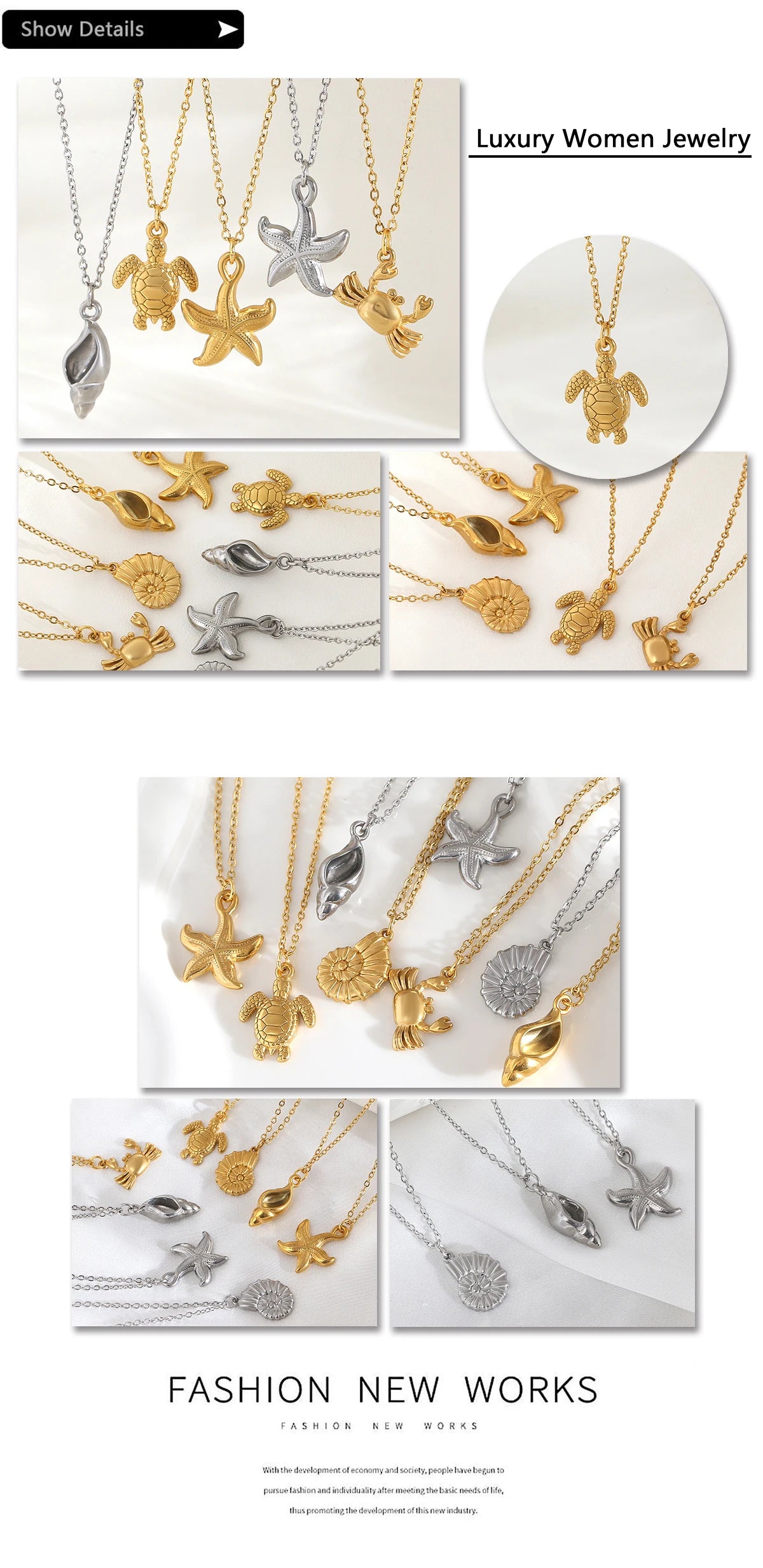 Summer Women's Starfish Conch Shell Necklace Fashion Stainless Steel Gold/Silver Color Crab Turtle Choker Beach Jewelry Gifts