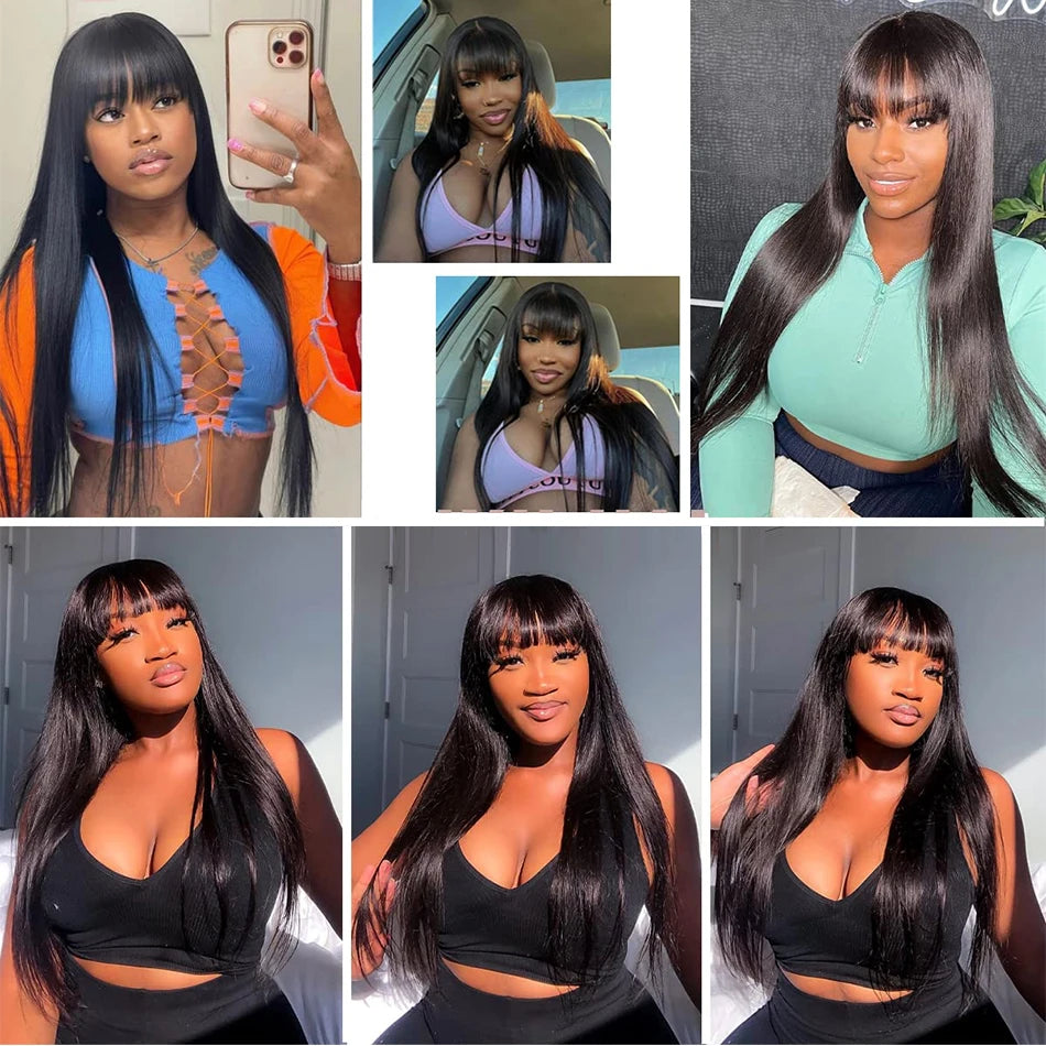100% Human Hair Wigs Wear Go Glueless Straight Wig With Bangs Natural Black Color Straight Machine Made Wig with Fringe Bobbi