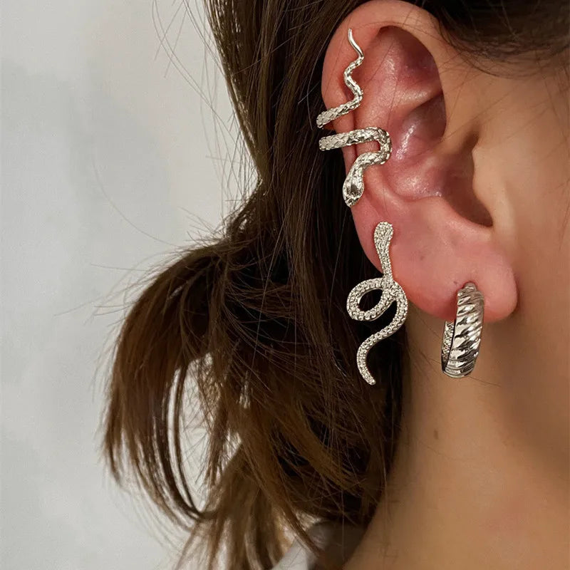 3pcs/set Women Stud Earrings Set Silver Color Snake Shape Earrings European Hiphop Style Earrings Personality Ear Jewelry