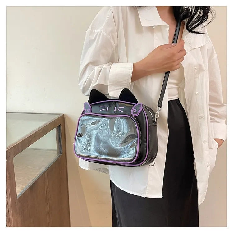 Women's Fashion Backpacks Y2K Korean Japan Kawaii Cat Ita Bag PU Cute Girls Transparent Pocket Aesthetic Shoulder Crossbody Bags