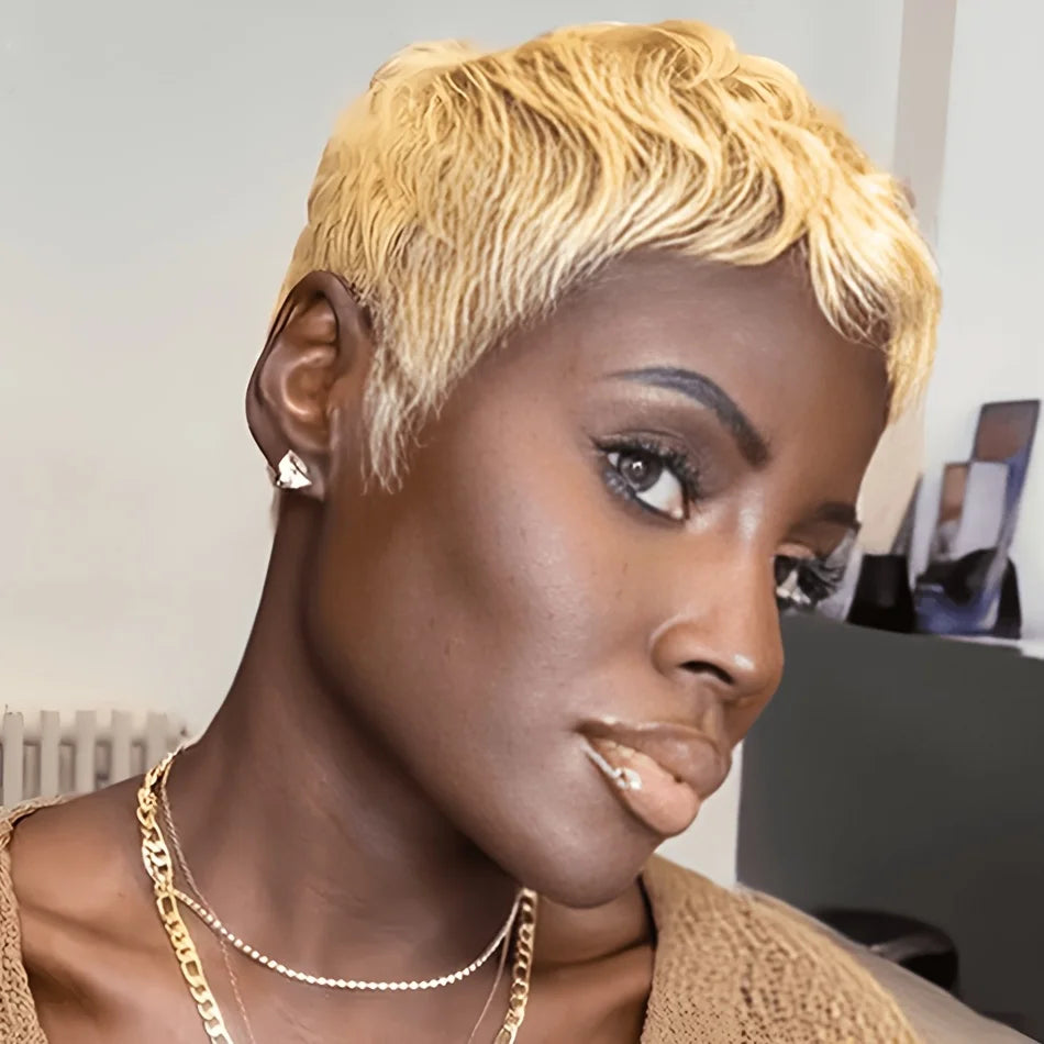 6inch Pixie Short Cut Human hair Wigs blonde Color  Wigs  For Women Full Machine Made Wigs