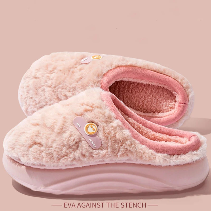 Thick Bottom Cotton Slippers for Women 2025 Winter Indoor Non Slip Home Cotton Slippers Woman Faux Fur Warm Plush Slides Ladies