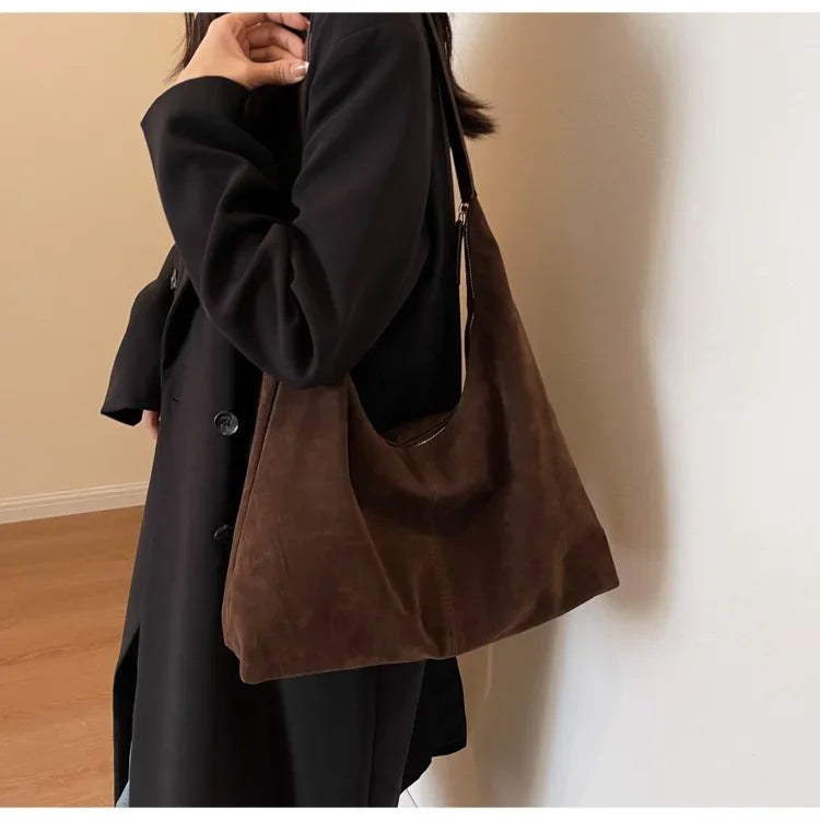 Vintage Suede New Large Capacity Women Tote Bag 2025 Autumn Winter Commute Shoulder Crossbody Bags Fashion Trend Underarm Bags