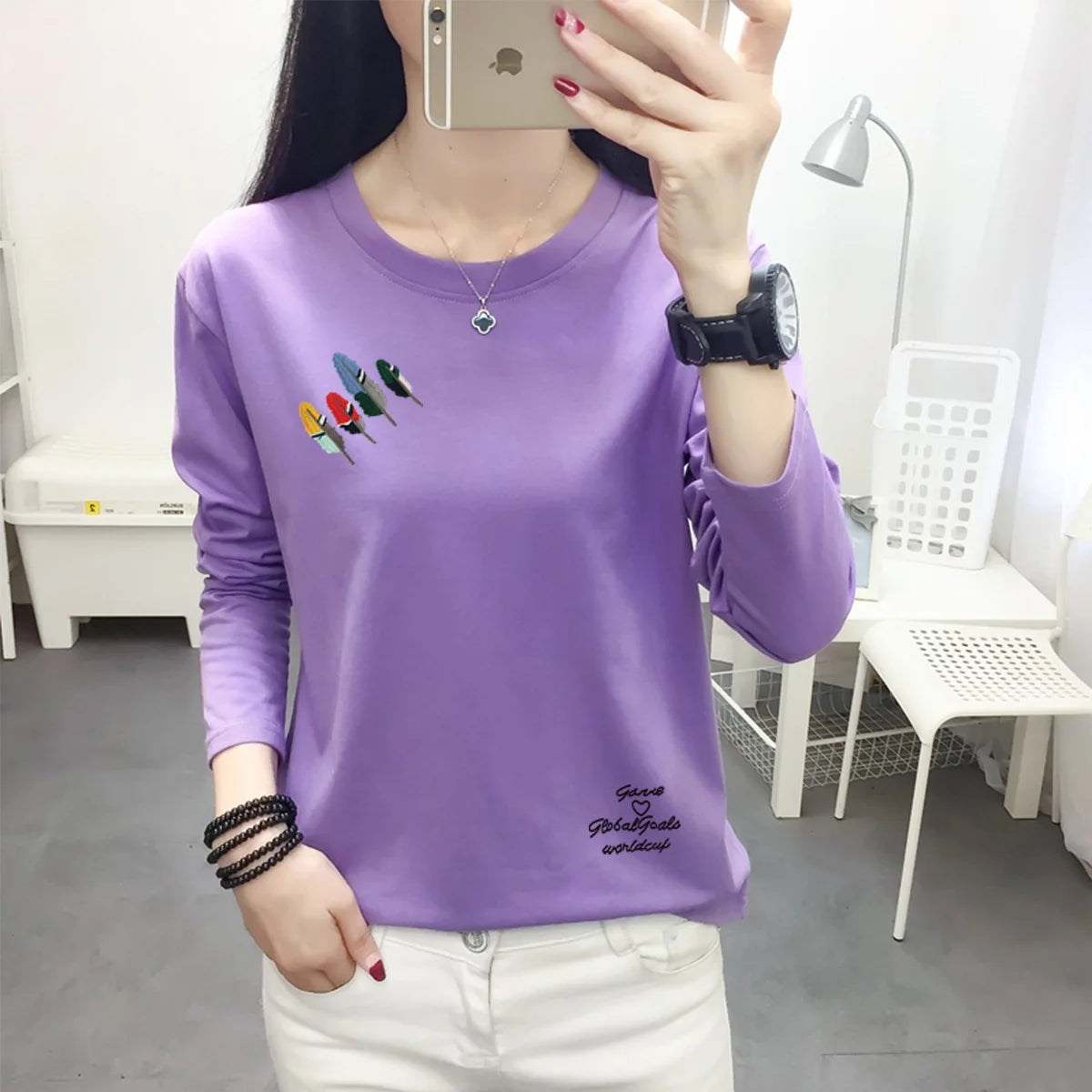 Long Sleeve T-shirt Women Simple Print Round Neck Top Loose Base Shirt Outdoor Wear Autumn Clothes